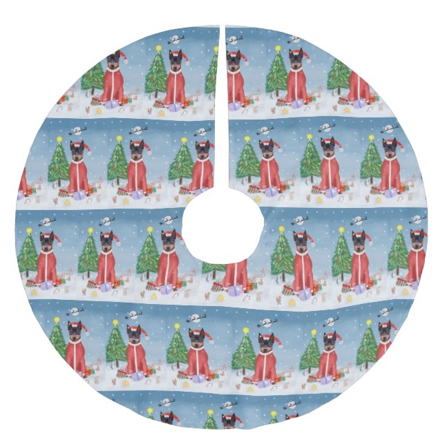 Miniature Pinsch Hund i Snö med julgåvor Julgransmatta Borstad Polyester (Framsidan)