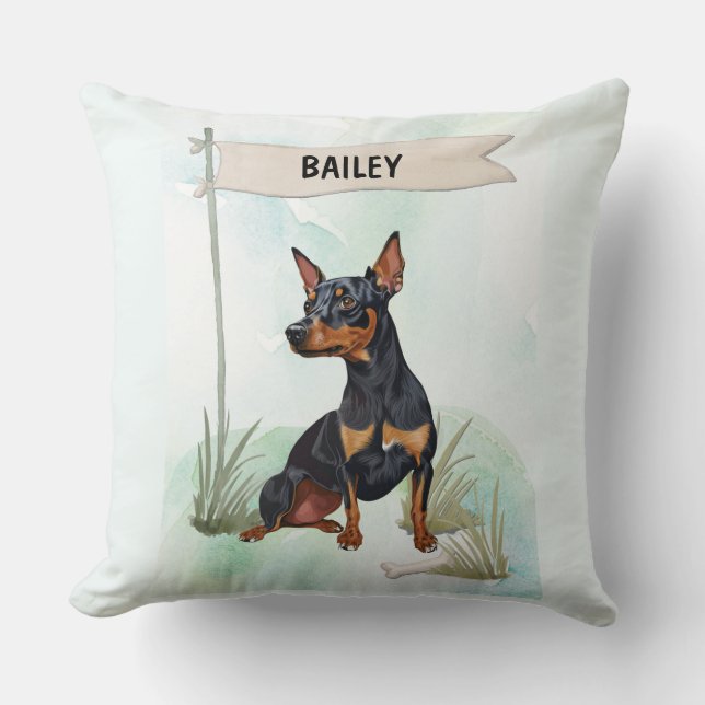 Miniature Pinscher Akvarell Personlig Hund Kudde (Framsida)