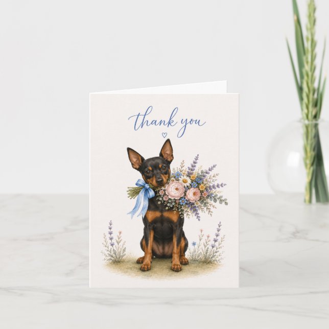 Miniature Pinscher Blombukett Tack Kort (Framsida)