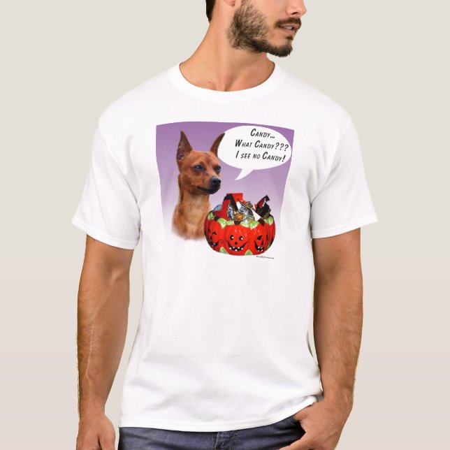 Miniature Pinscher Halloween Candy Tee Shirt (Framsida)