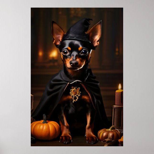 Miniature Pinscher Hund i Halloween fest Poster (Framsidan)