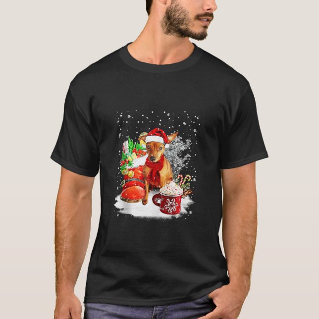 Miniature Pinscher Hund Santa Hat Julvinter T Shirt (Framsida)