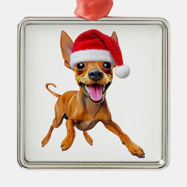 Miniature Pinscher Santa Hat Christmas Dog Min Pin Julgransprydnad Metall (Framsidan)
