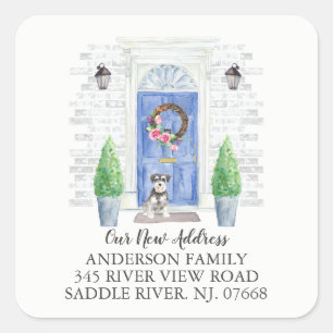 Miniature Schnauzer Blue Door Ny adress Label Fyrkantigt Klistermärke