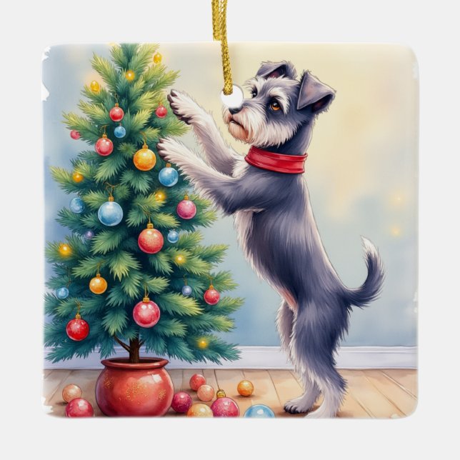 Miniature Schnauzer Decorating Christmas Tree Dog  Julgransprydnad Keramik (Framsida)