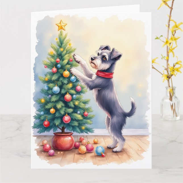 Miniature Schnauzer Decorating Christmas Tree Dog  Kort (Gul blomma)