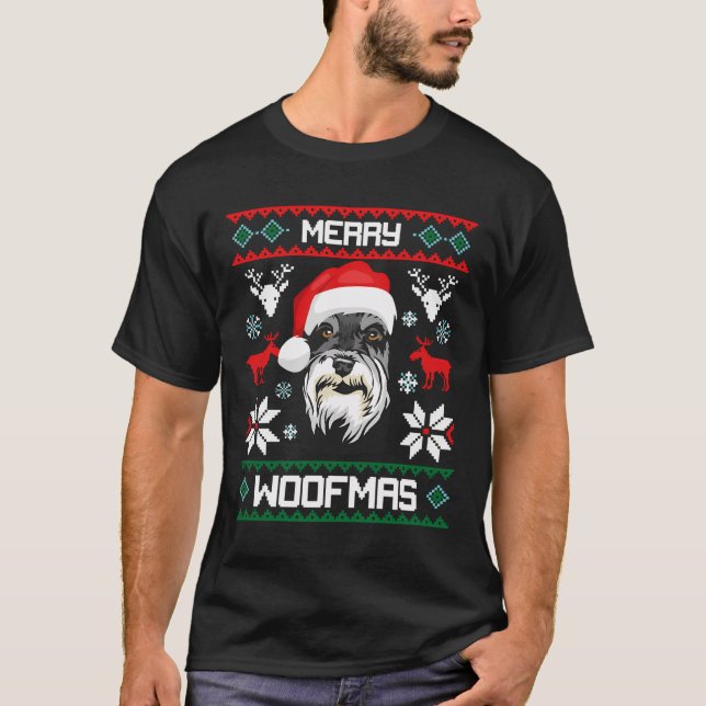 Miniature Schnauzer Glad Woofmas-present För Jul T Shirt (Framsida)