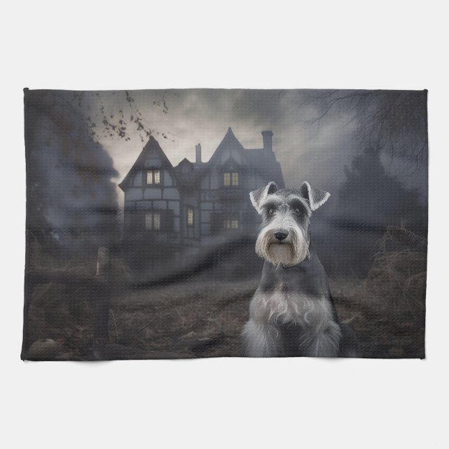 Miniature Schnauzer Halloween Scary Kökshandduk (Horisontell)