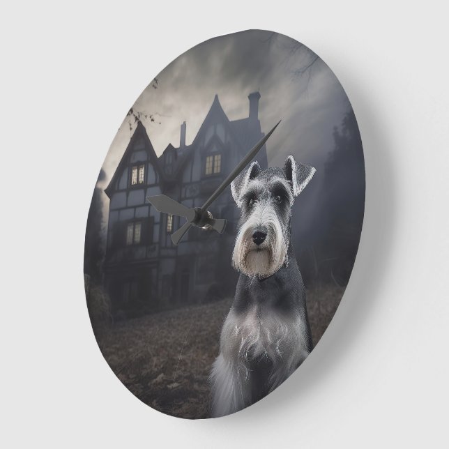 Miniature Schnauzer Halloween Scary Stor Klocka (Vinkel)
