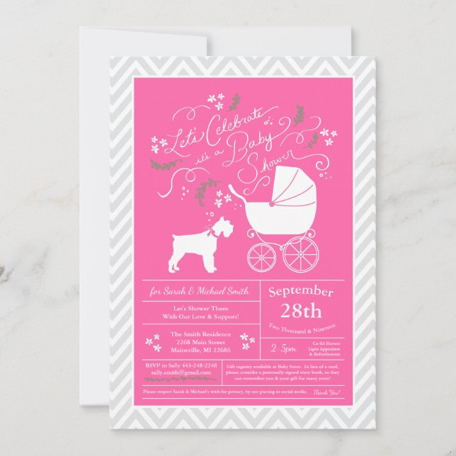 Miniature Schnauzer Hund Baby Shower Rosa Girl Inbjudningar (Framsida)