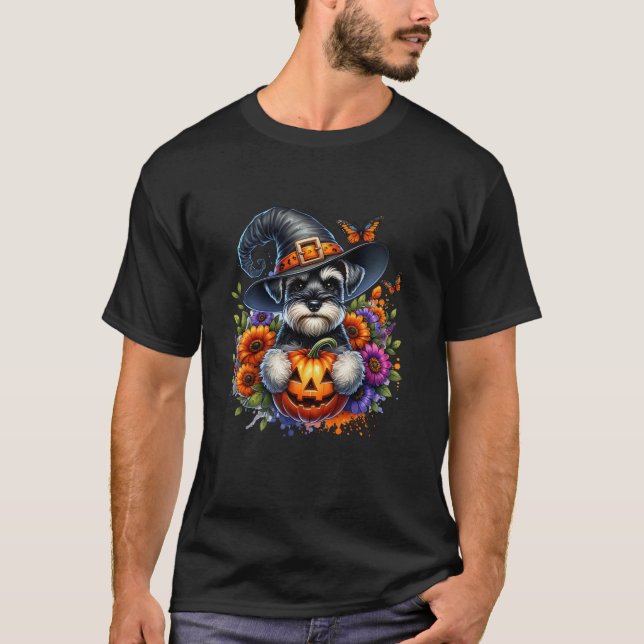Miniature Schnauzer Hund Halloween Witch hat Scary T Shirt (Framsida)