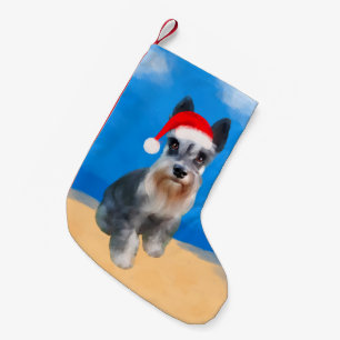 Miniature Schnauzer Hund on Beach jul Hat Liten Julstrumpa