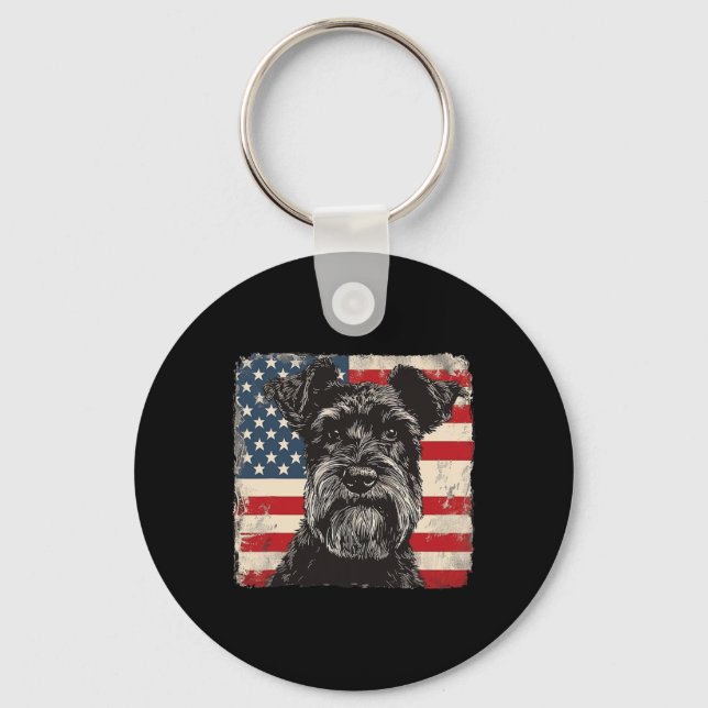 Miniature Schnauzer Hund Patriotic 4:e juli Gift Nyckelring (Framsida)