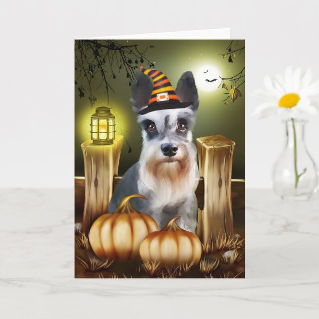 Miniature Schnauzer Hund with Witch Hat Halloween Kort (Liten växt)