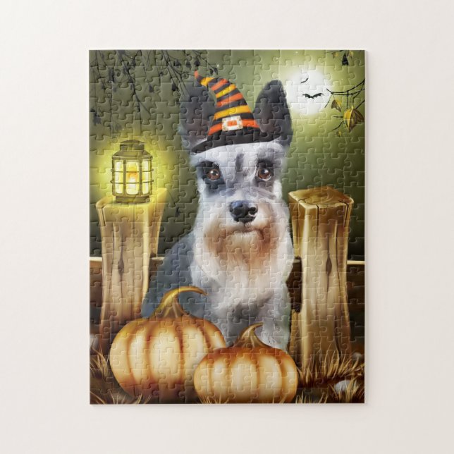 Miniature Schnauzer Hund with Witch Hat Halloween Pussel (Vertikal)