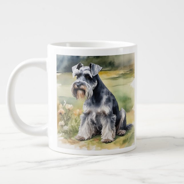 Miniature Schnauzer i trädgården - Vattenfärg Jumbo Mugg (Vänster)