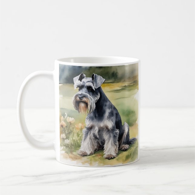 Miniature Schnauzer i trädgården - Vattenfärg Kaffemugg (Vänster)