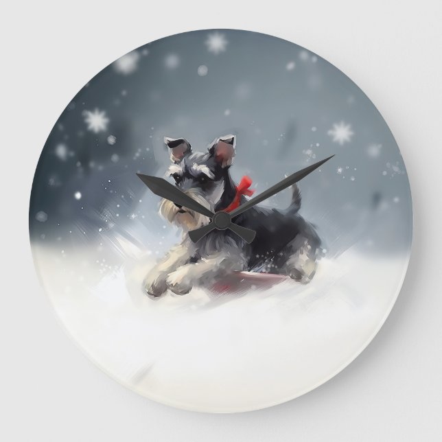 Miniature Schnauzer jul snö vinter Stor Klocka (Framsida)