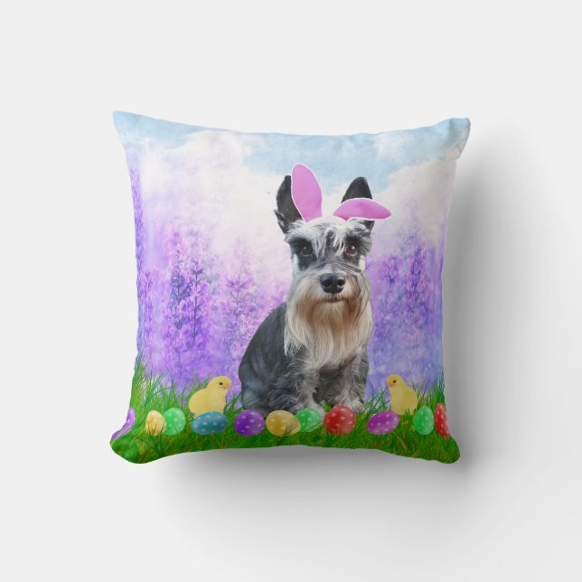 Miniature Schnauzer med Påskägg Bunny Chicks Kudde (Framsida)