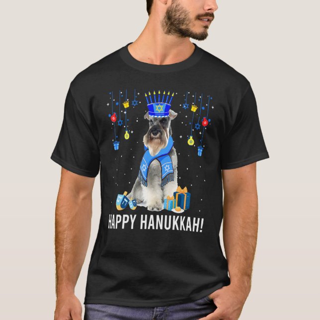 Miniature Schnauzer Menorah Hat jul Hanukkah T Shirt (Framsida)