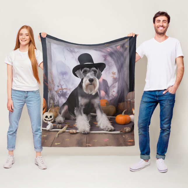 Miniature Schnauzer Pumpakvar Halloween Skräck  Fleecefilt (På plats)