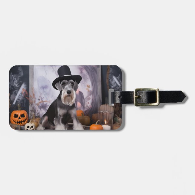 Miniature Schnauzer Pumpkins Halloween Scary Bagagebricka (Horisontell Framsida)