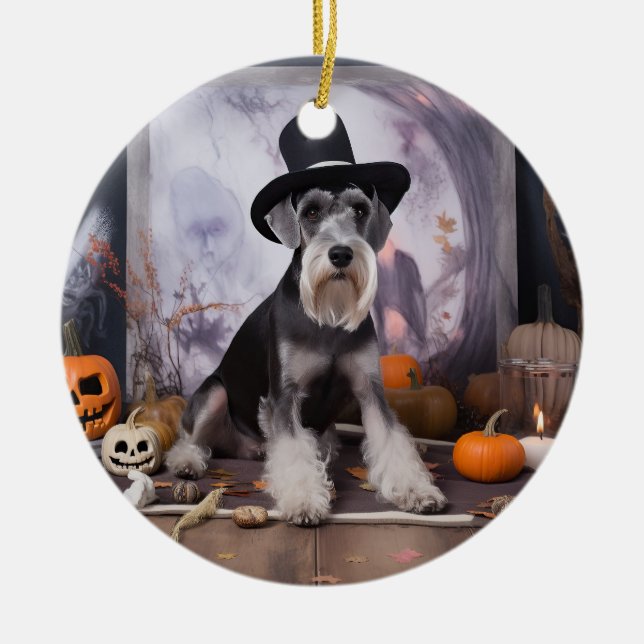Miniature Schnauzer Pumpkins Halloween Scary Julgransprydnad Keramik (Framsidan)