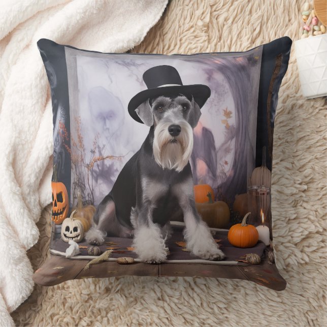 Miniature Schnauzer Pumpkins Halloween Scary Kudde (Filt)