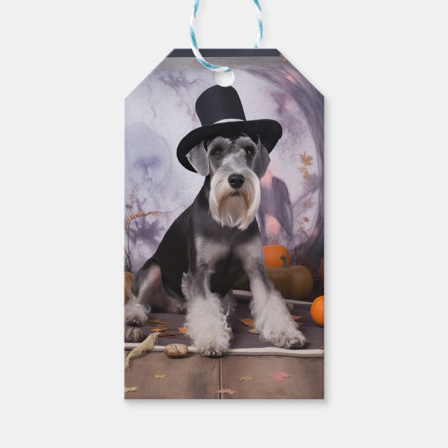 Miniature Schnauzer Pumpkins Halloween Scary Presentetikett (Framsidan)