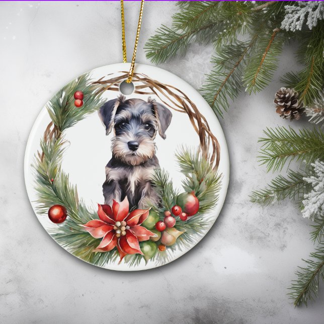 Miniature Schnauzer Puppy Poinsettia Wandeans Julgransprydnad Keramik (Skapare uppladdad)
