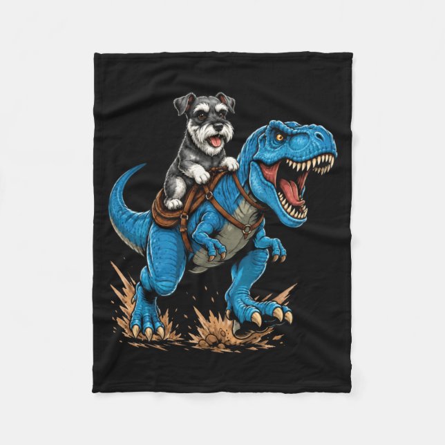 Miniature Schnauzer Ridning T Rex Dinosaur Rolig Fleecefilt (Framsidan)