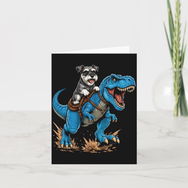 Miniature Schnauzer Ridning T Rex Dinosaur Rolig Kort (Framsida)