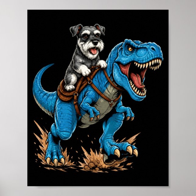 Miniature Schnauzer Ridning T Rex Dinosaur Rolig Poster (Framsidan)