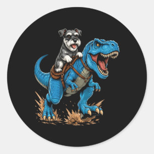 Miniature Schnauzer Ridning T Rex Dinosaur Rolig Runt Klistermärke