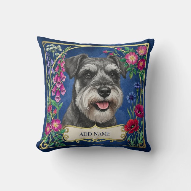 Miniature Schnauzer Salt & Pepper Blå Kuddé Kudde (Framsida)