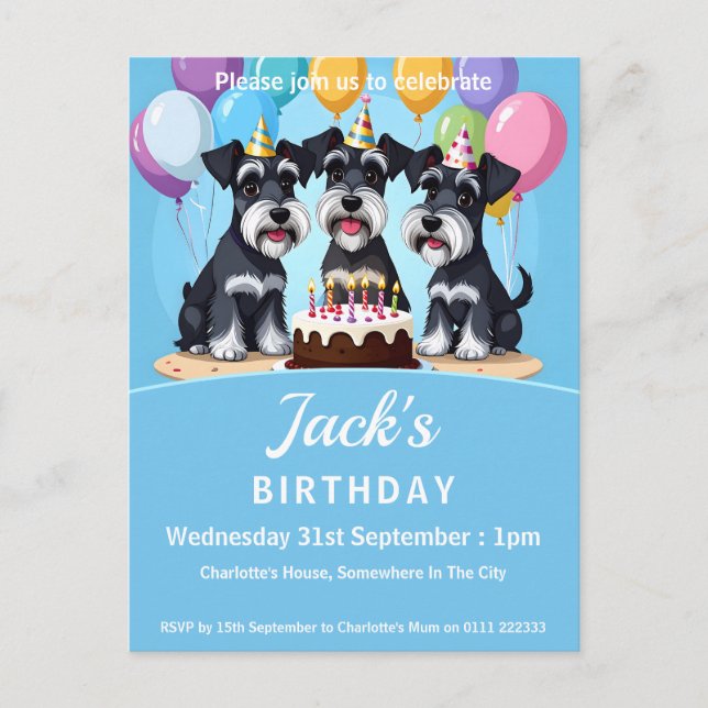 Miniature Schnauzers Födelsedagsfest Inbjudan Vykort (Framsida)