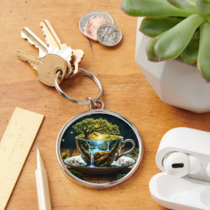 Miniature tekopp wonderland colorberíts art rund silverfärgad nyckelring