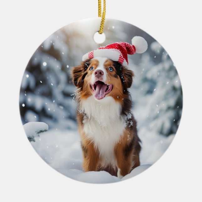 Miniatyr American Shepherd Hund jul Julgransprydnad Keramik (Framsidan)