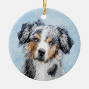 Miniatyr American Shepherd Painting - Hund Art Julgransprydnad Keramik