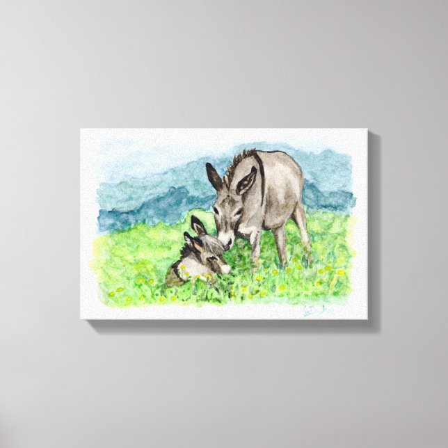 Miniatyr Donkey Mamma och Baby Watercolor Art Canvastryck (Framsida)