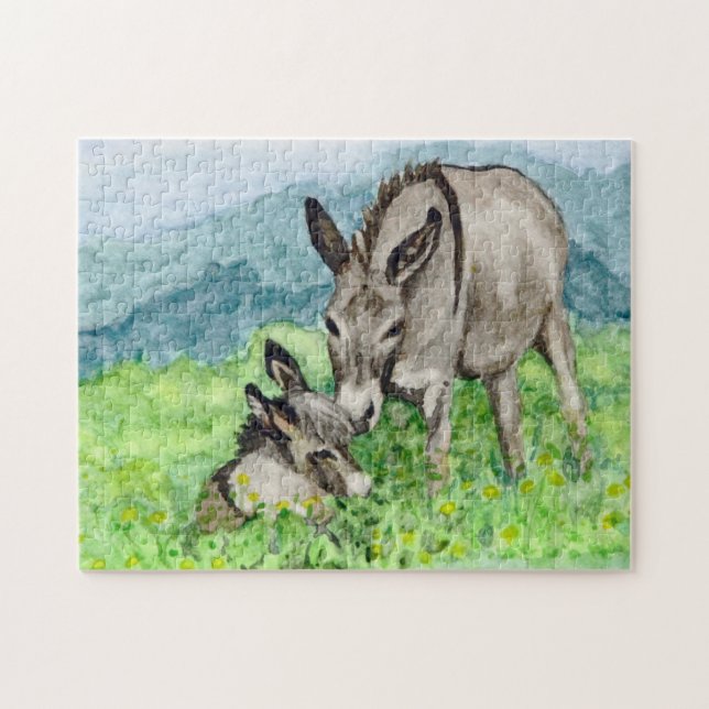 Miniatyr Donkey Mamma och Baby Watercolor Art Pussel (Horisontell)
