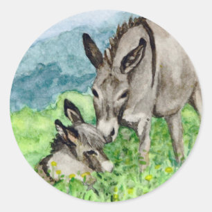 Miniatyr Donkey Mamma och Baby Watercolor Art Runt Klistermärke