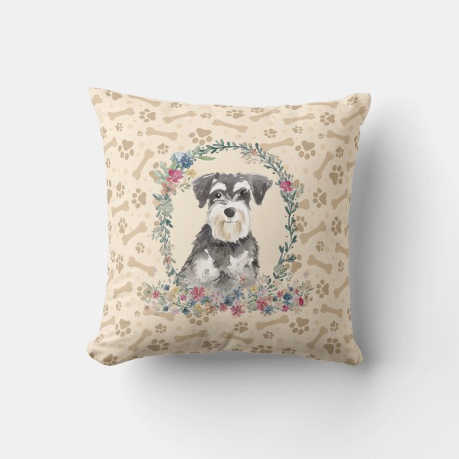 Miniatyr Schnauzer Hund Paw Print & Blommigt Cute Kudde (Framsida)