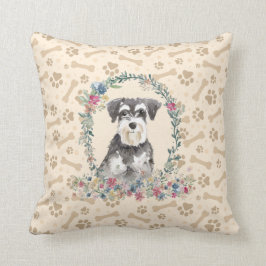 Miniatyr Schnauzer Hund Paw Print & Blommigt Cute Kudde