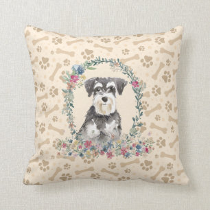 Miniatyr Schnauzer Hund Paw Print & Blommigt Cute Kudde