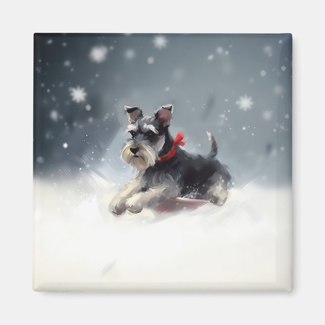 Miniatyr Schnauzer-julvintern snö Magnet (Framsidan)