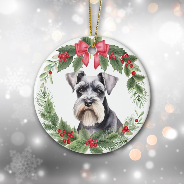 Miniatyr Schnauzer Terrier Red Bow Wand Julgransprydnad Keramik (Skapare uppladdad)