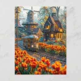 Miniatyr vagn i tulpan trädgård byn helg vykort