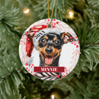 Miniatyrpinscher i tomtehatt julgransprydnad julgransprydnad keramik