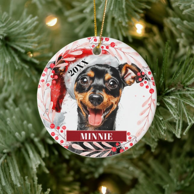 Miniatyrpinscher i tomtehatt julgransprydnad keramik (Träd)